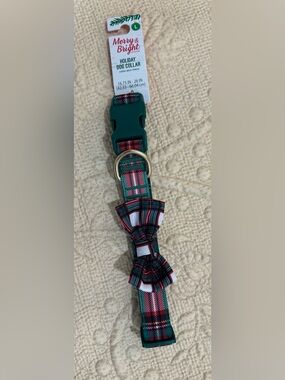 Merry & Bright Holiday Plaid Dog Collar with Bow - Green